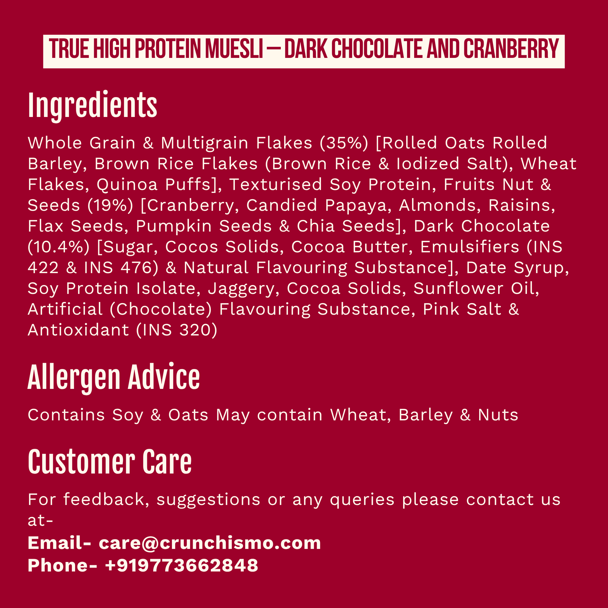 True High Protein Muesli – Dark Chocolate & Cranberry (400g x 2)