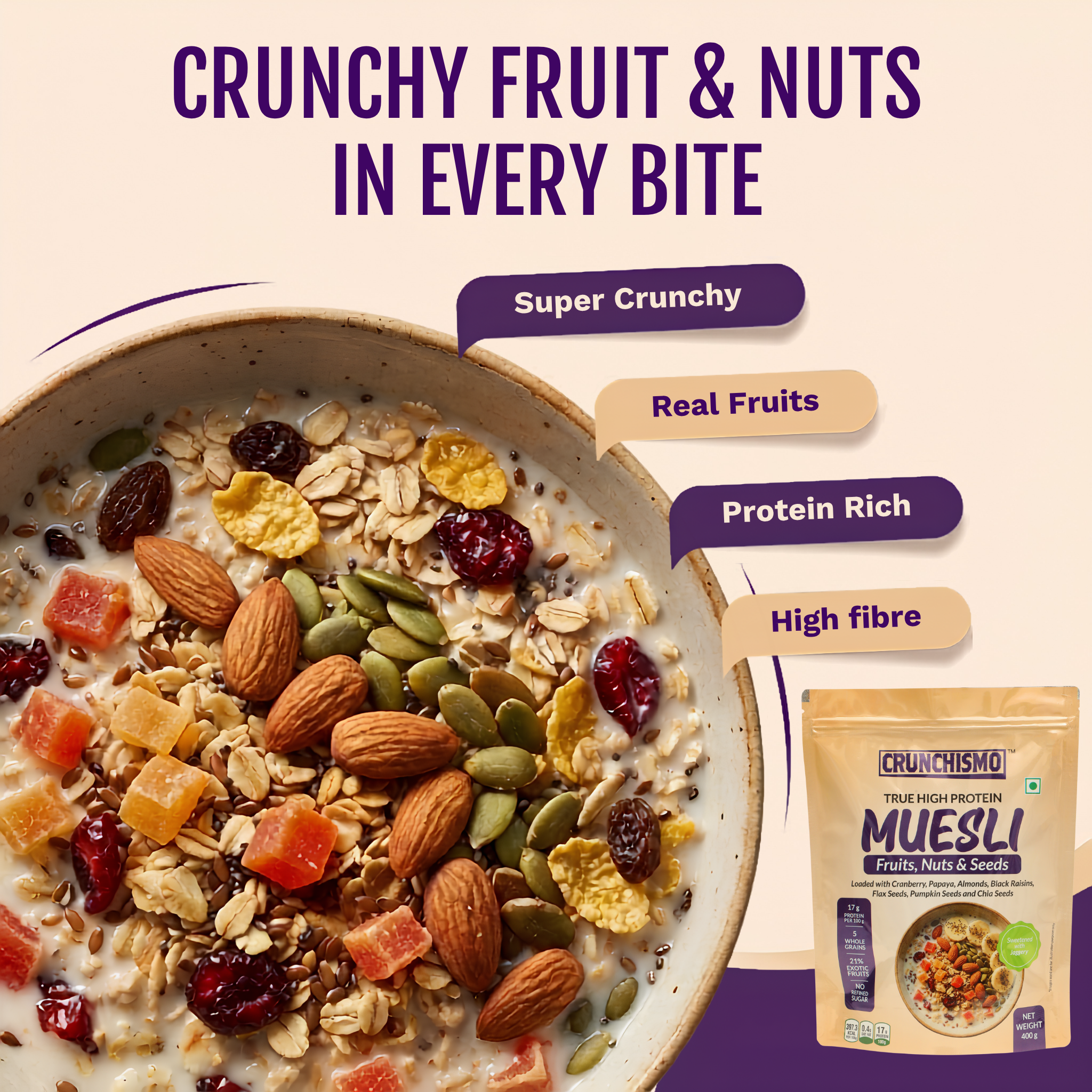True High Protein Muesli – Fruit, Nuts & Seeds (400g x 2)
