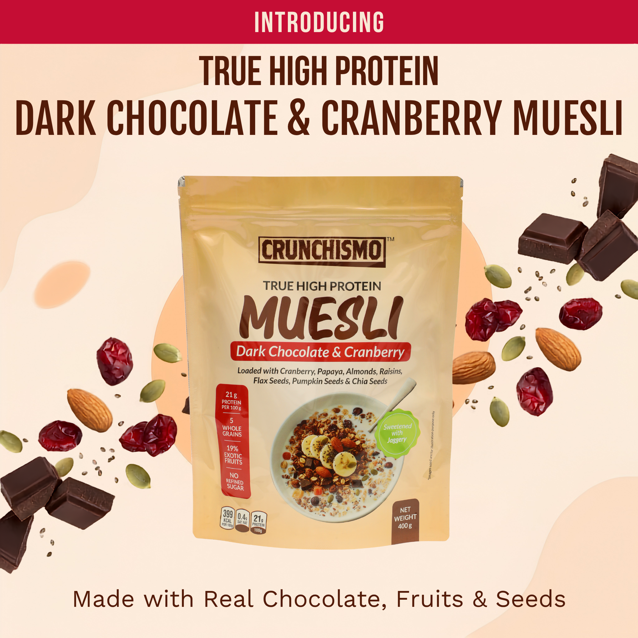 True High Protein Muesli – Dark Chocolate & Cranberry (400g)